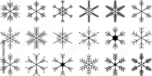 Set of Detailed Black Snowflakes. Vector Outline Icons Collection. Intricate Winter Line Art Symbols on White.