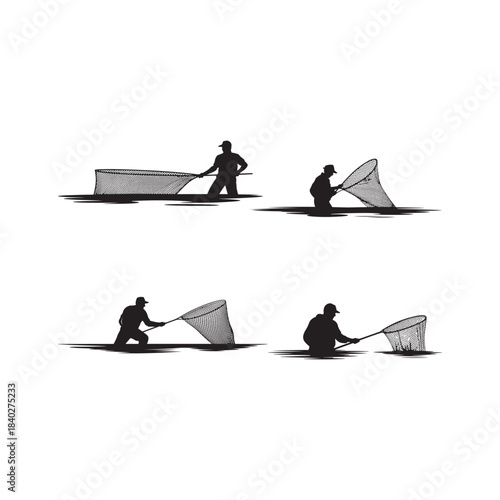 Black Color Fisherman Casting Net Silhouette Vector Illustration, Solid White Background.