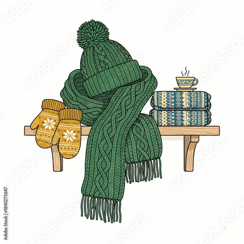 Cozy winter accessories including a knitted hat, scarf, gloves, and stacks of books for cold