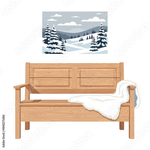 Cozy winter living room with wooden bench and snowy landscape wall art