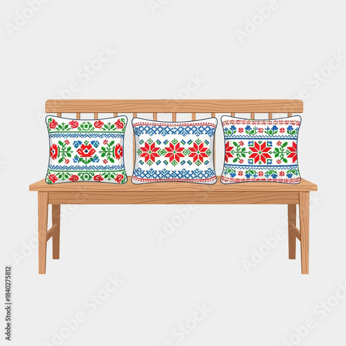 Decorative wooden bench adorned with colorful embroidered cushions featuring floral patterns and