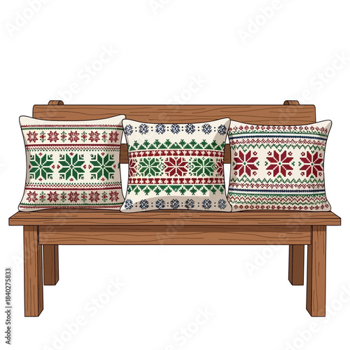 Decorative wooden bench with festive holiday cushion pillows featuring Christmas patterns brave