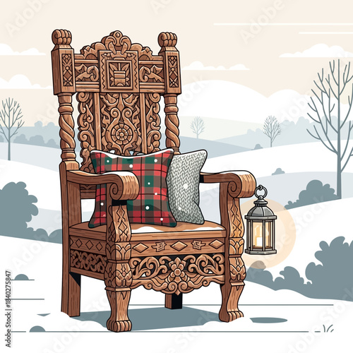 Decorative wooden throne chair with pillows and lantern set against snowy winter landscape with