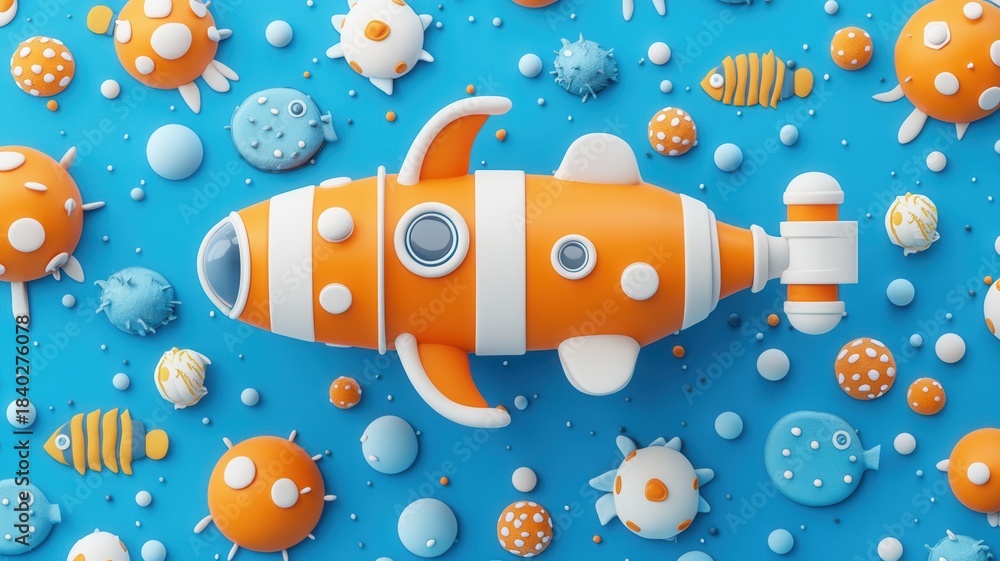 Naklejka premium Submarine exploring the deep ocean, surrounded by marine wildlife, 3D illustration