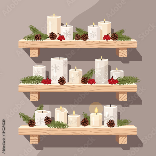 Festive christmas candles and decorations arranged on wooden shelves for holiday ambiance