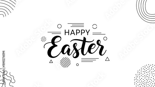 Happy easter greeting with modern minimalist abstract geometric shapes and line art decorations on a white background