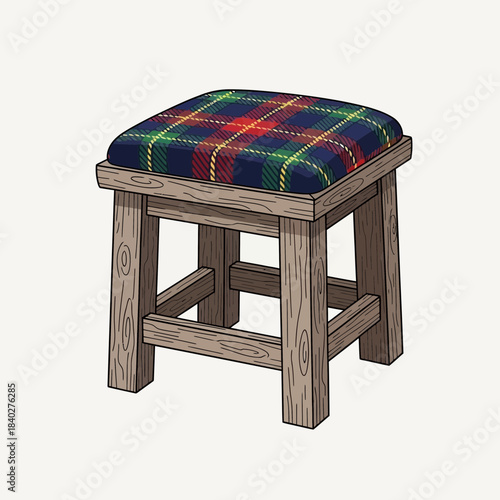 Rustic wooden stool with plaid cushioned seat for rustic decor or seating needs