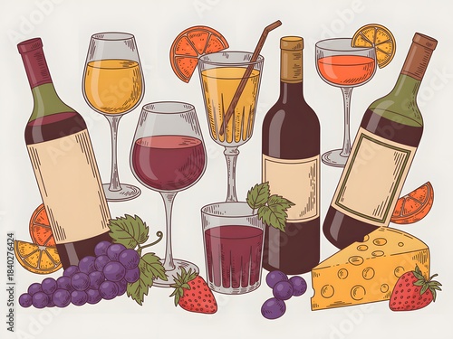 Hand-drawn illustration of various alcoholic drinks and snacks