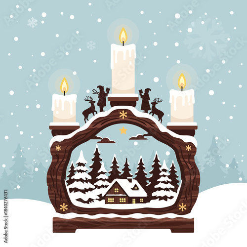 Wooden advent wreath with lit candles and winter village scene in festive holiday setting