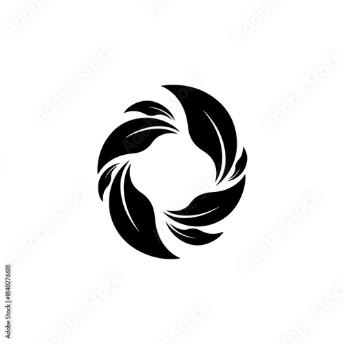 Elegant black leaf swirl forming a circular pattern, symbolizing nature, growth, and harmony in a clean design. isolated on transparent background