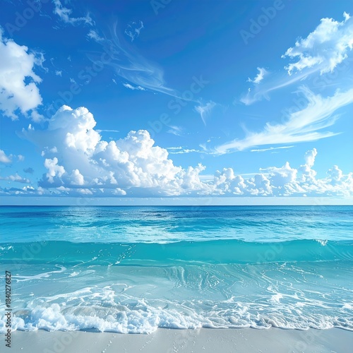 Azure ocean meets a vibrant sky.  Fluffy clouds float across a cerulean expanse.  Gentle waves kiss the shore