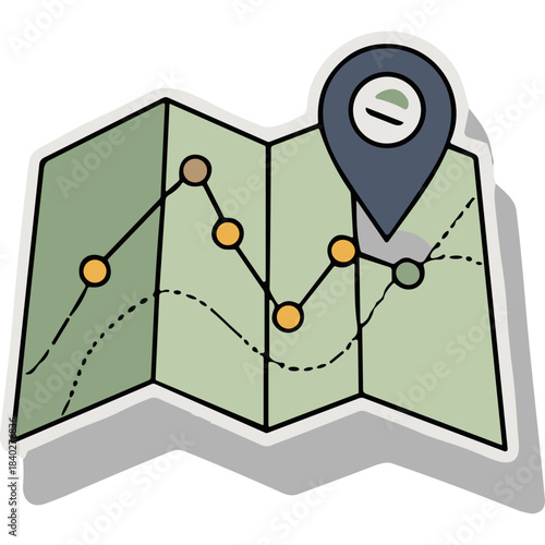Stylized illustration of a folded paper map with a navigational pin marker showing a route with colored waypoints and contour lines on a neutral background symbolizing travel and exploration planning