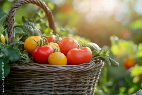 Close-up of a wicker basket brimming with freshly picked red and yellow tomatoes, surrounded by lush greenery in warm sunlight