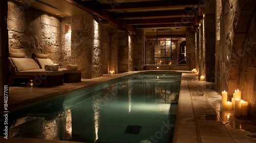 Panel kuchenny z motywem Wide shot of a serene spa interior with stone walls, indoor pool, rolled towels, candles along edges, gentle warm lighting with subtle reflections, no people