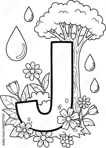 J is for jungle: an educational alphabet letter coloring page with tree, flowers, raindrops
