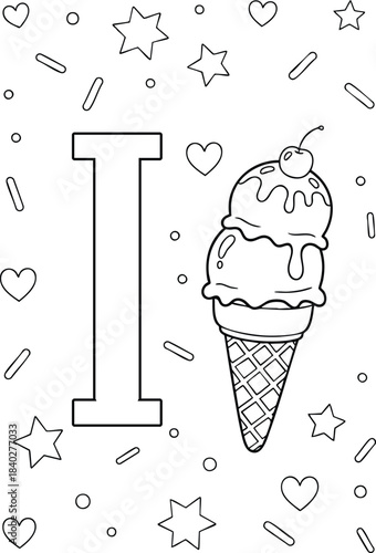 Letter i for ice cream, fun alphabet coloring page with sweet dessert and sprinkles outline