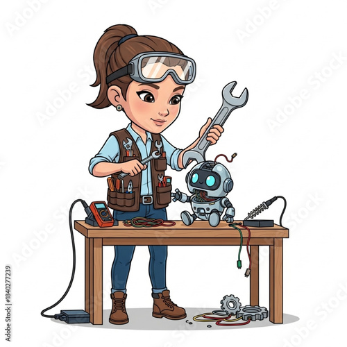Girl Mechanic Fixing Cute Robot