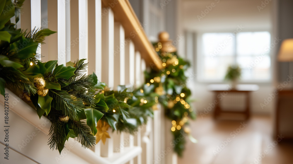 Fototapeta premium Warm light illuminates, festive staircase decorated, garlands ornaments creating, welcoming atmosphere holiday, season home decoration, display seasonal elegance, interior festive