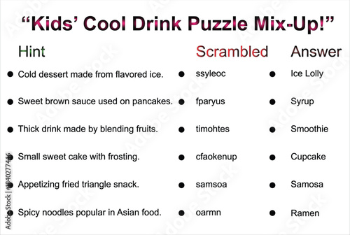 A printable word puzzle for children featuring scrambled names of cool drinks and their answers.