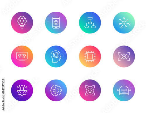 AI, machine learning, tech. Vector set of 12 round gradient icons featuring brains, chips, robots, and mobile interfaces for artificial intelligence, innovation, and digital design.