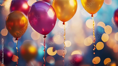 Festive Balloons Floating with Bokeh Lights Celebration Background.