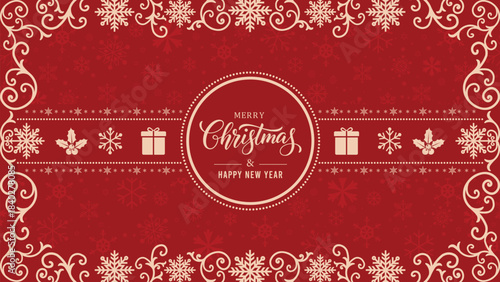 Elegant red Christmas background with ornate cream snowflake and swirl borders, central badge reading “Merry Christmas and Happy New Year,” and festive icons, perfect for holiday greeting cards.