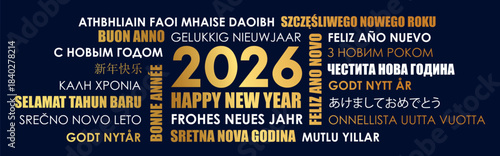 2026 happy new year greeting card with text in different languages vector illustration