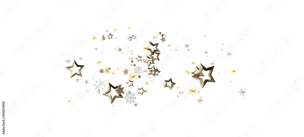 Fototapeta premium Elegant gold stars and snowflakes floating, perfect for holiday designs, Christmas, celebrations, and winter-themed projects. Beautiful sparkle