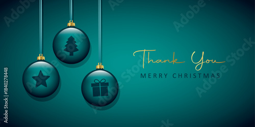 thank you christmas greeting card with shiny tree balls decoration vector illustration
