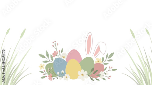 Whimsical easter illustration featuring pastel colored eggs adorned with delicate flowers and subtle bunny ears on a clean white background with grass accents