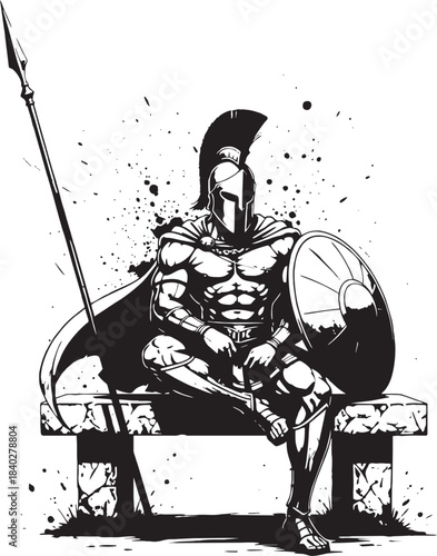 Spartan warrior mask splash weapons logo helmet in sitting on bench action Artwork vector editable for t-shirt design multipurpose use in high definition format wallpaper sticker silhouette