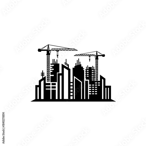 Silhouette cityscape with cranes against a white background, representing construction and urban development. exact 118 characters. isolated on transparent background