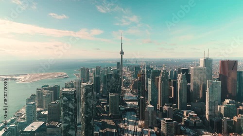 TORONTO, ONTARIO - JANUARY 1, 2025: Winter aerial skyline of downtown Toronto city core