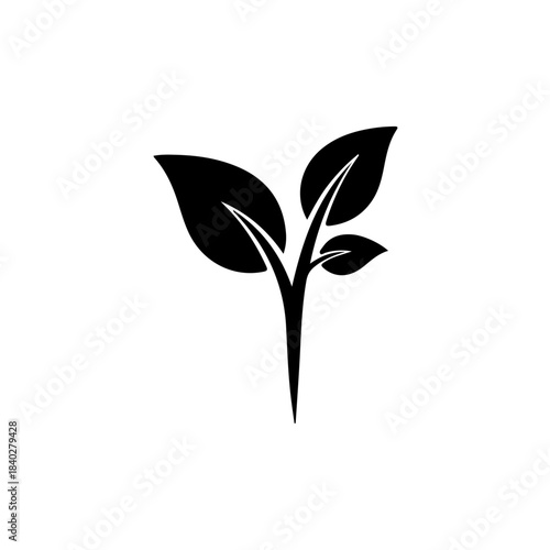 Simple black silhouette of three stylized leaves sprouting from a single stem, representing growth and nature on white background. isolated on transparent background