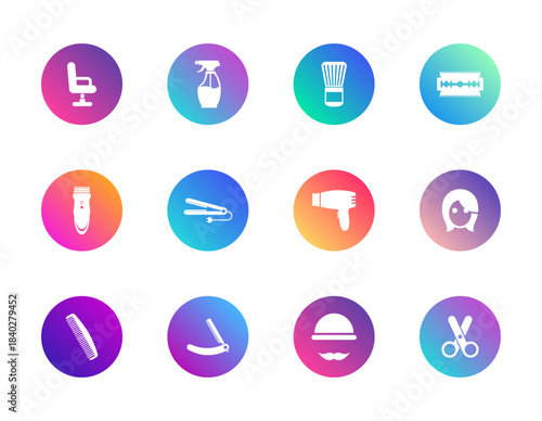 Barber, hairdressing, grooming. Vector set of 12 round gradient icons featuring scissors, razors, clippers, and styling tools for salon UI, branding, and beauty design.