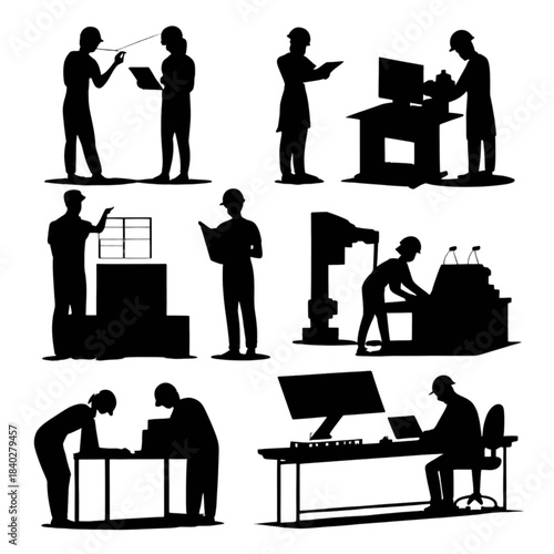 Silhouettes of workers in various industrial and technical settings, including measuring, operating machinery, and using computers