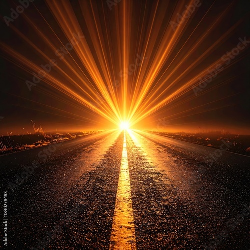 Empty highway bathed in golden sunrise rays