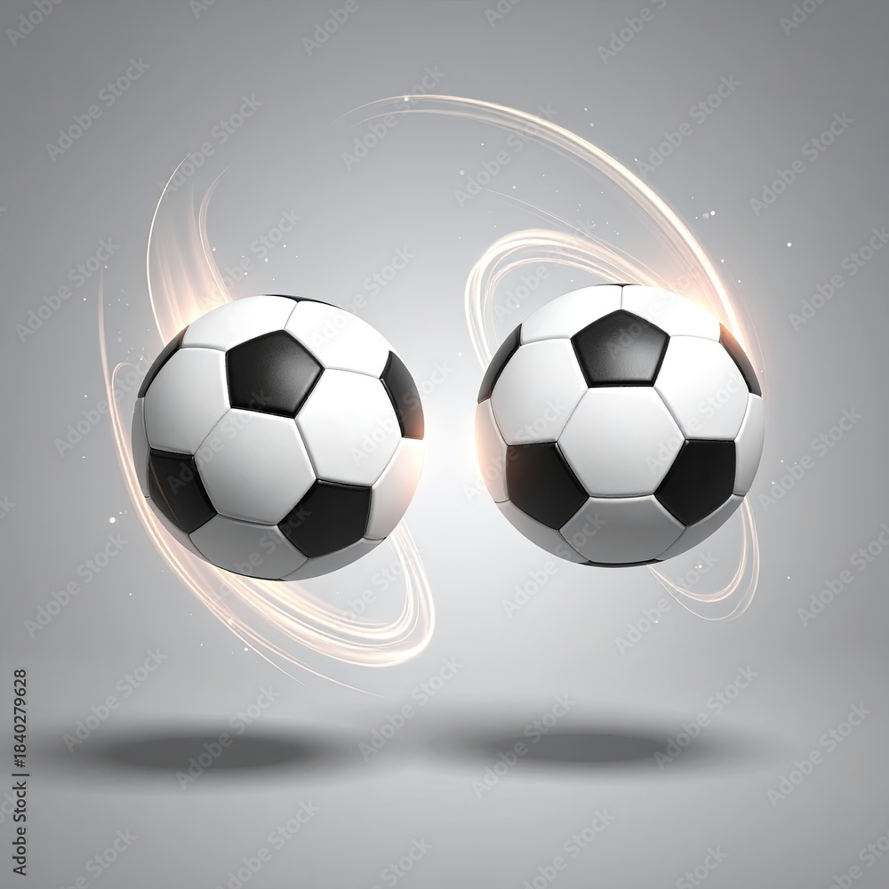 Obraz premium Two soccer balls in motion, encircled by light trails, against a muted gray background