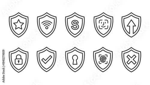 Security, Protection, and Privacy Shield Icon Set, Outline Style