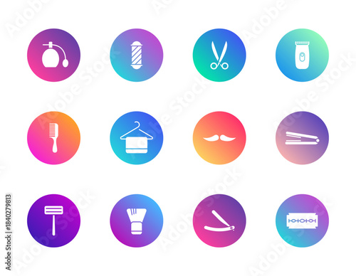 Grooming, personal care, beauty. Vector set of 12 round gradient icons featuring razors, combs, scissors, and styling tools for barber, salon, and hygiene-related UI design.