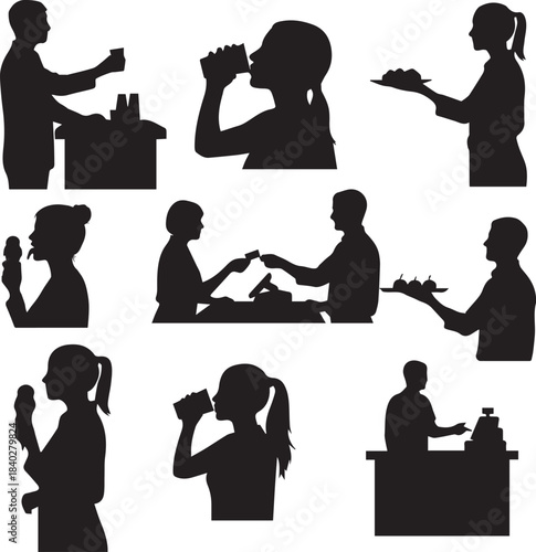 Silhouettes of people enjoying beverages and snacks in various social and service settings