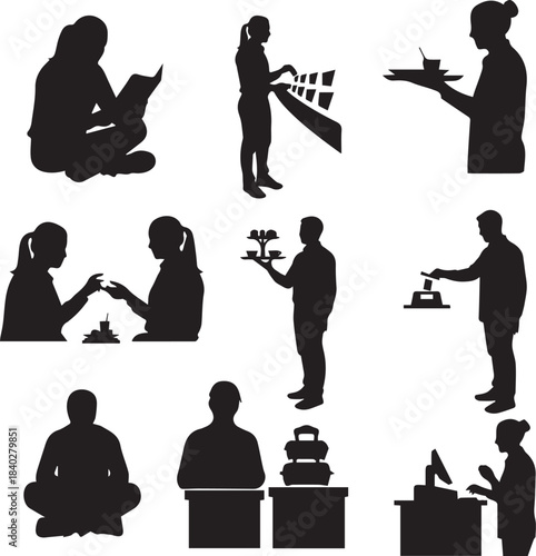 Silhouette collection of people engaged in various daily activities and professions