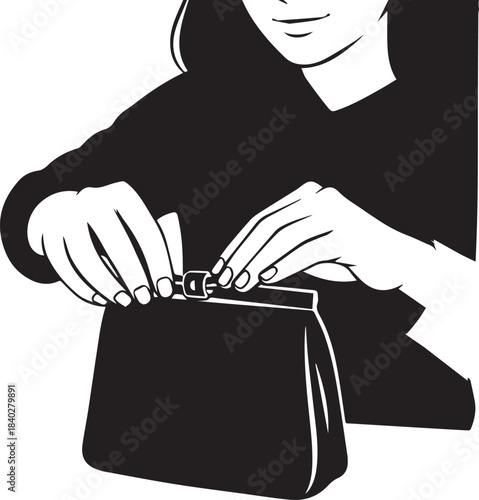 Detailed illustration of a woman's hands delicately opening a chic clutch purse, highlighting the action of accessing or securing belongings in a stylish accessory