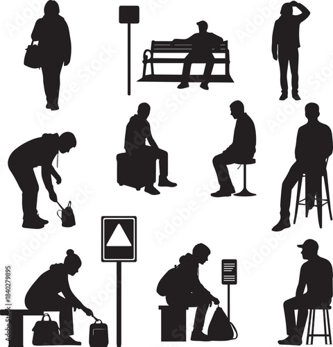 Collection of Silhouettes Depicting People Waiting at a Bus Stop or Train Station