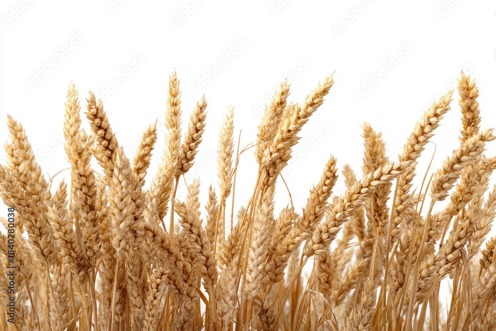 Fototapeta premium Golden wheat heads, close-up, against a plain white background