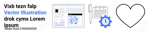 Data management, productivity tools, analytics, scheduling, organization, design. Illustration of a dashboard, calendar gear icon and heart element. Data management and productivity tools concept