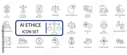 AI Ethics, Trust, and Responsible Governance Icon Set. Covering bias, fairness, transparency, data privacy, and compliance. Essential for modern tech concepts