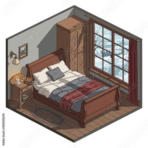 Cozy bedroom interior with large window showing snow-covered trees and wooden furniture creating a