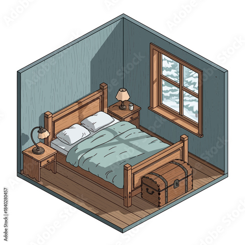 cozy bedroom with wooden furniture and large window showcasing snowy landscape