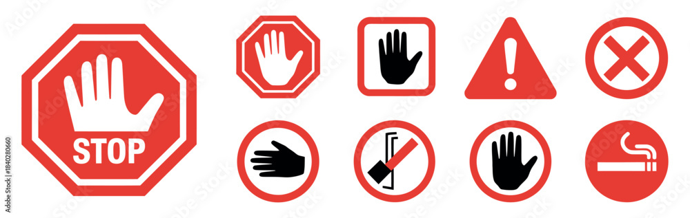Fototapeta premium Red Stop Alert Icon Set. Hand Stop Sign, Warning, Prohibition & Danger Symbols